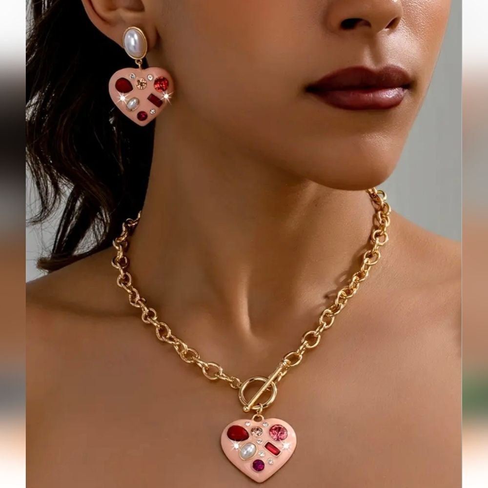 18K Gold Plated Heart Rhinestone Necklace & Earrings Set